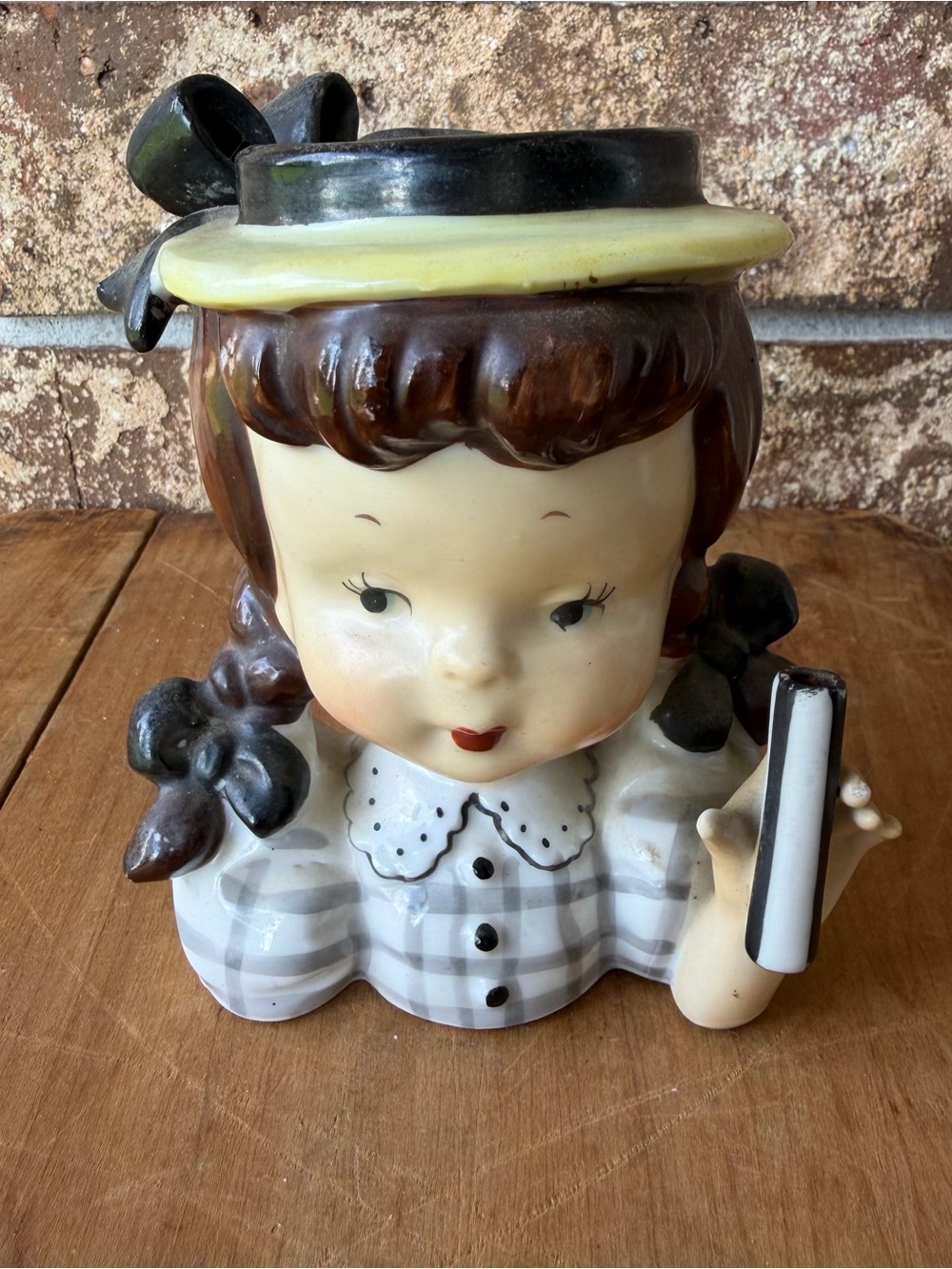 Vintage 1950s Napco "Gingham Umbrella Girl" Head Vase Planter 4.75” Tall So Cute